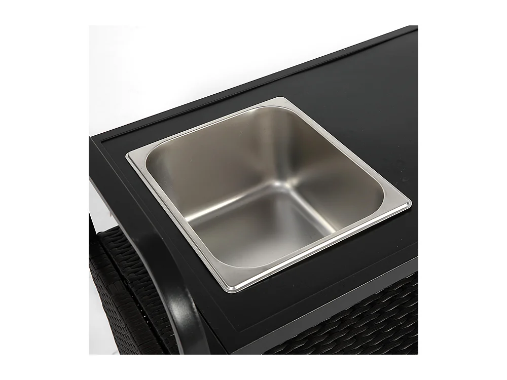 Desserte table de bar d'extérieur chariot de bar en osier avec armoire avec plateau en acier et un seau à glace roues verrouillables noir