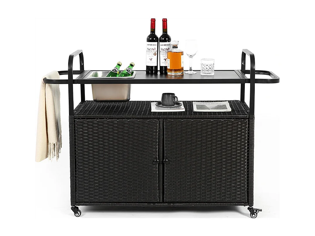 Desserte table de bar d'extérieur chariot de bar en osier avec armoire avec plateau en acier et un seau à glace roues verrouillables noir