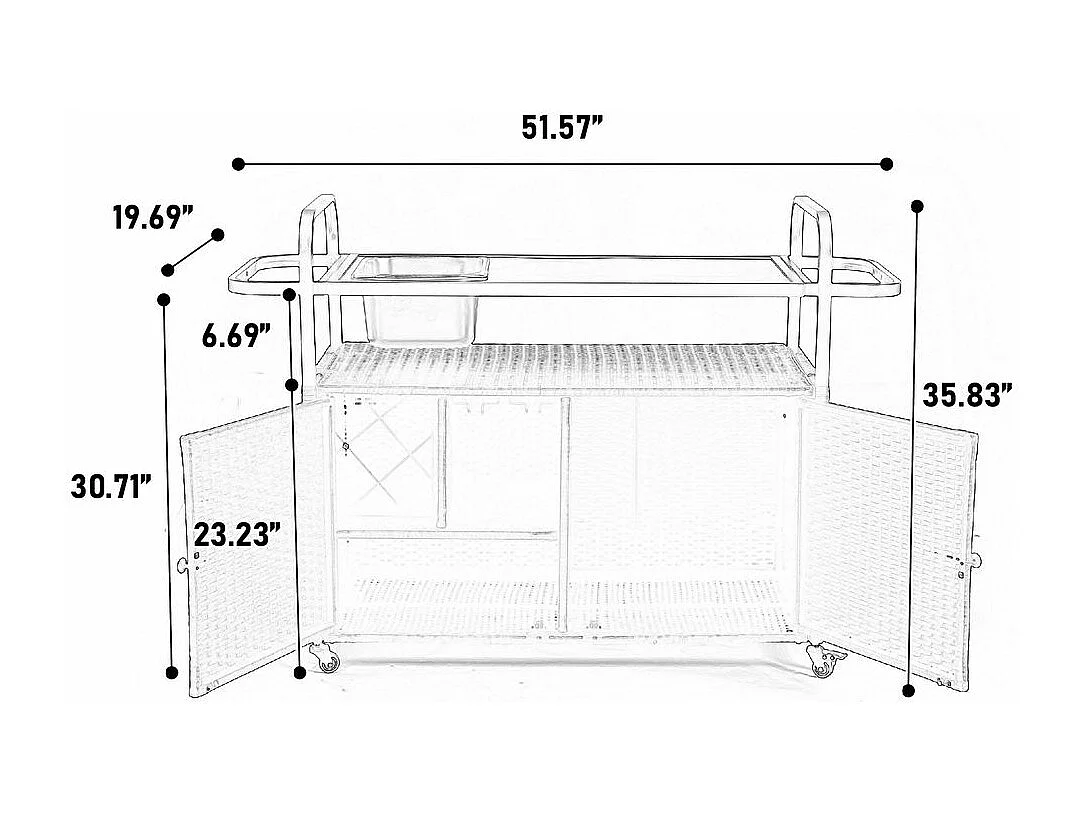 Desserte table de bar d'extérieur chariot de bar en osier avec armoire avec plateau en acier et un seau à glace roues verrouillables noir