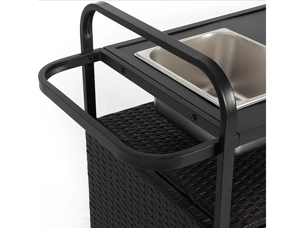 Desserte table de bar d'extérieur chariot de bar en osier avec armoire avec plateau en acier et un seau à glace roues verrouillables noir