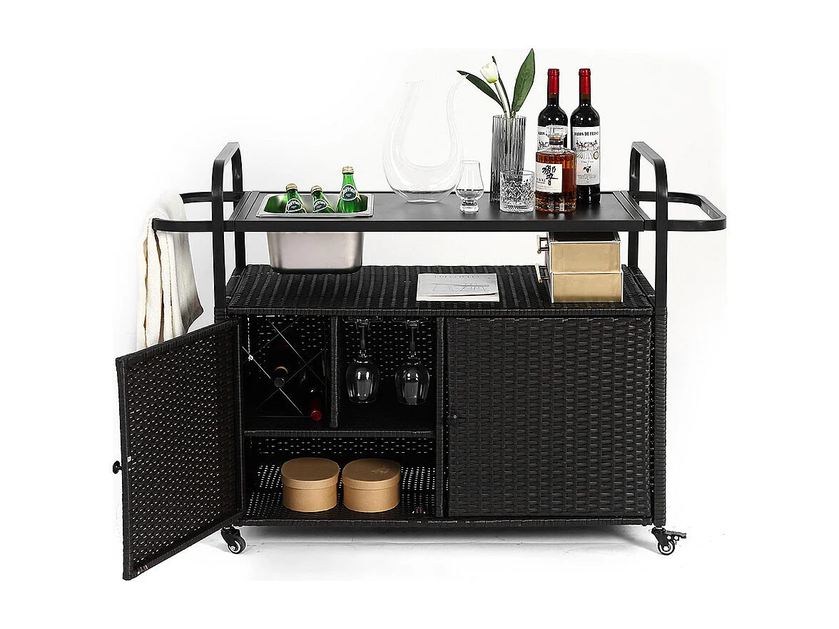 Desserte table de bar d'extérieur chariot de bar en osier avec armoire avec plateau en acier et un seau à glace roues verrouillables noir