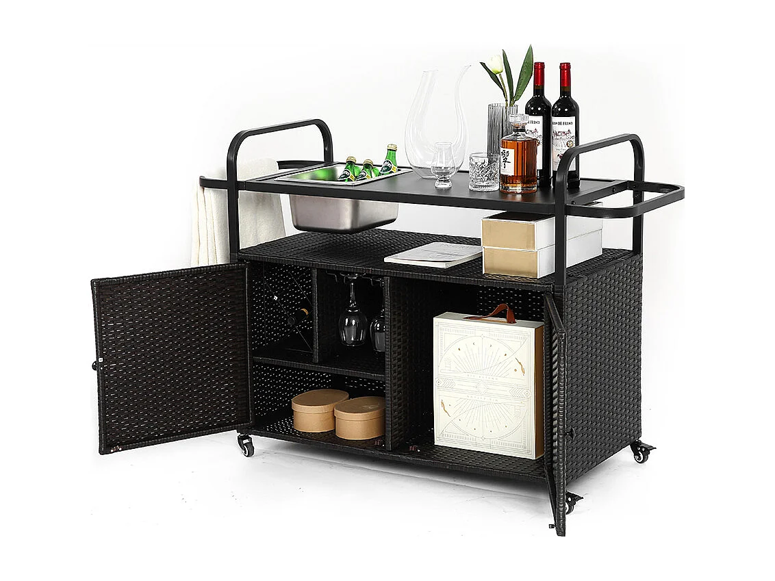 Desserte table de bar d'extérieur chariot de bar en osier avec armoire avec plateau en acier et un seau à glace roues verrouillables noir