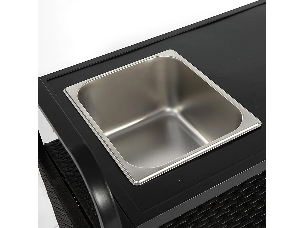 Desserte table de bar d'extérieur chariot de bar en osier avec armoire avec plateau en acier et un seau à glace roues verrouillables noir