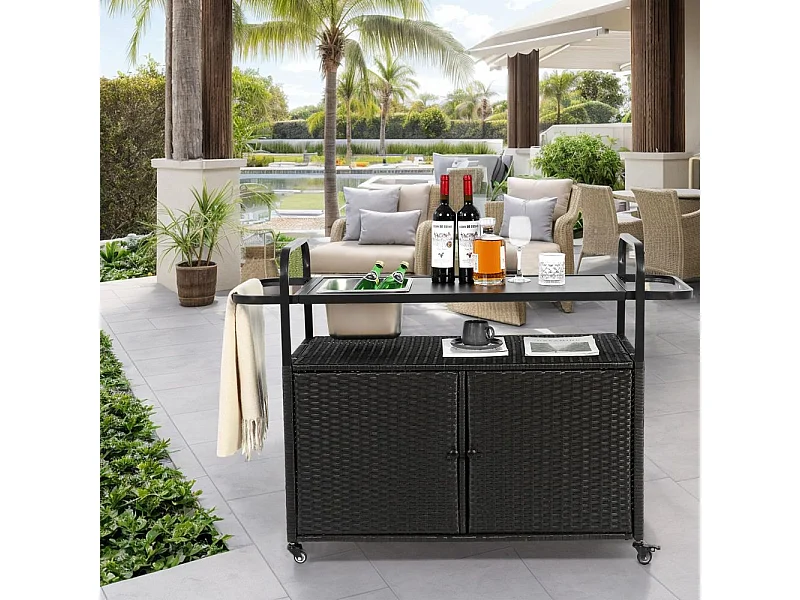 Desserte table de bar d'extérieur chariot de bar en osier avec armoire avec plateau en acier et un seau à glace roues verrouillables noir