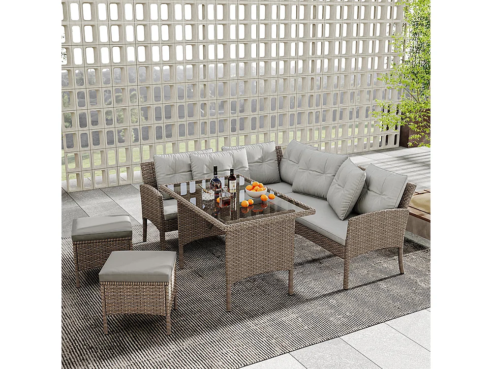 Salon de jardin en résine tressée pour 7 personnes avec canapé table tabouret et coussins housse en tissu amovible et lavable kaki