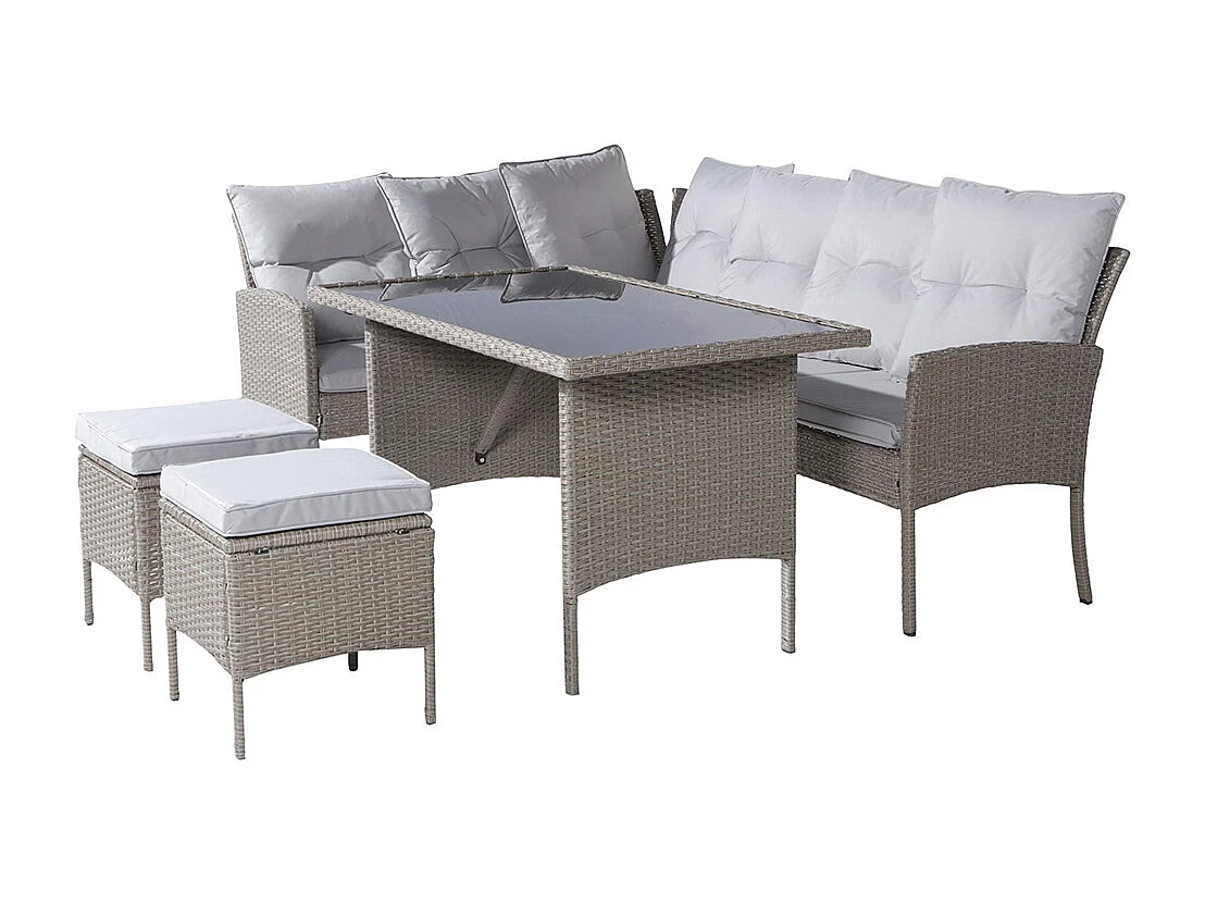 Salon de jardin en résine tressée pour 7 personnes avec canapé table tabouret et coussins housse en tissu amovible et lavable kaki