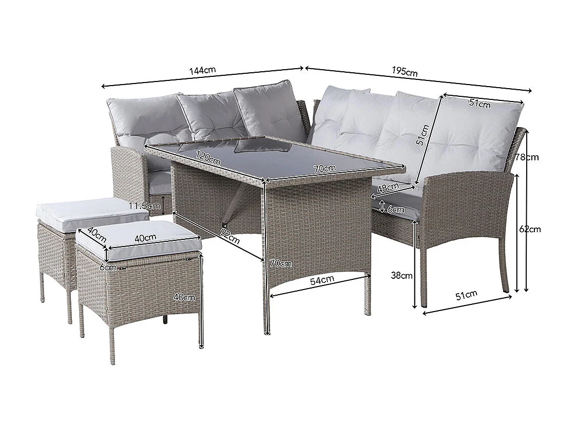 Salon de jardin en résine tressée pour 7 personnes avec canapé table tabouret et coussins housse en tissu amovible et lavable kaki