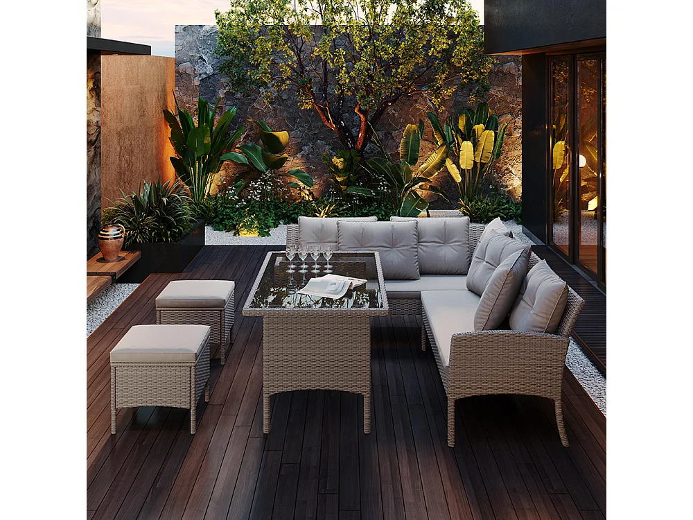 Salon de jardin en résine tressée pour 7 personnes avec canapé table tabouret et coussins housse en tissu amovible et lavable kaki