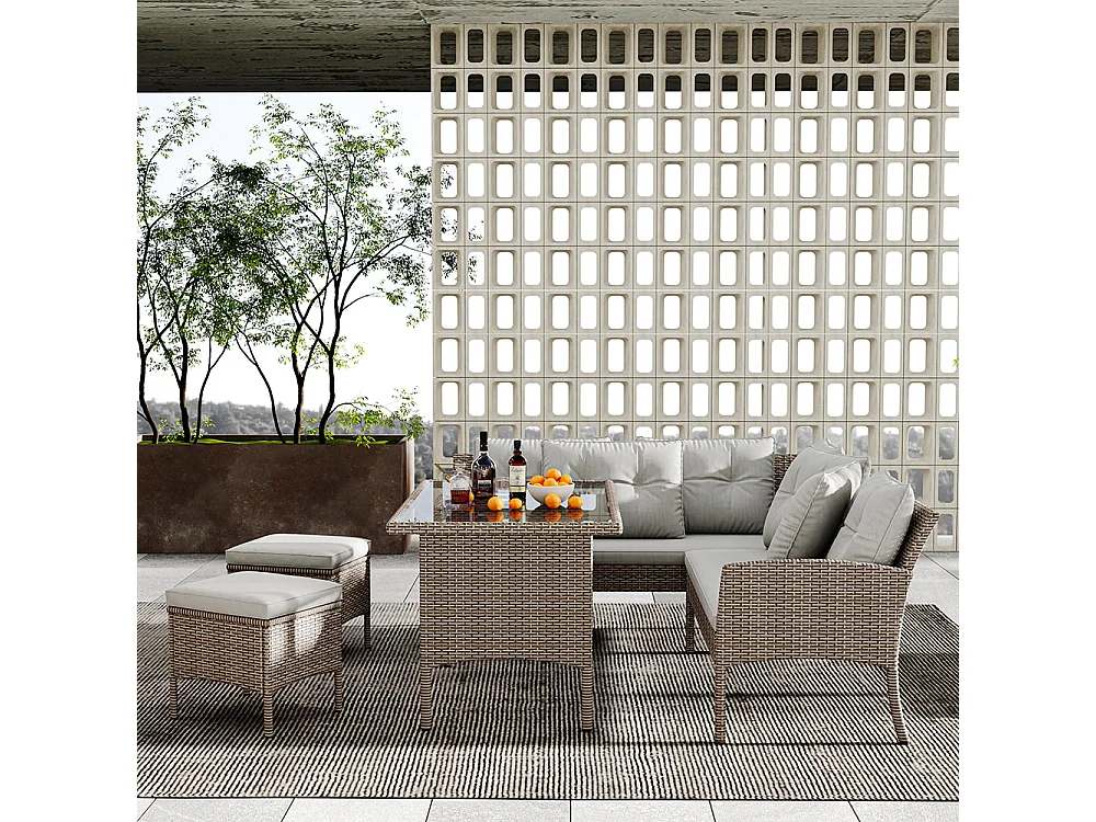 Salon de jardin en résine tressée pour 7 personnes avec canapé table tabouret et coussins housse en tissu amovible et lavable kaki