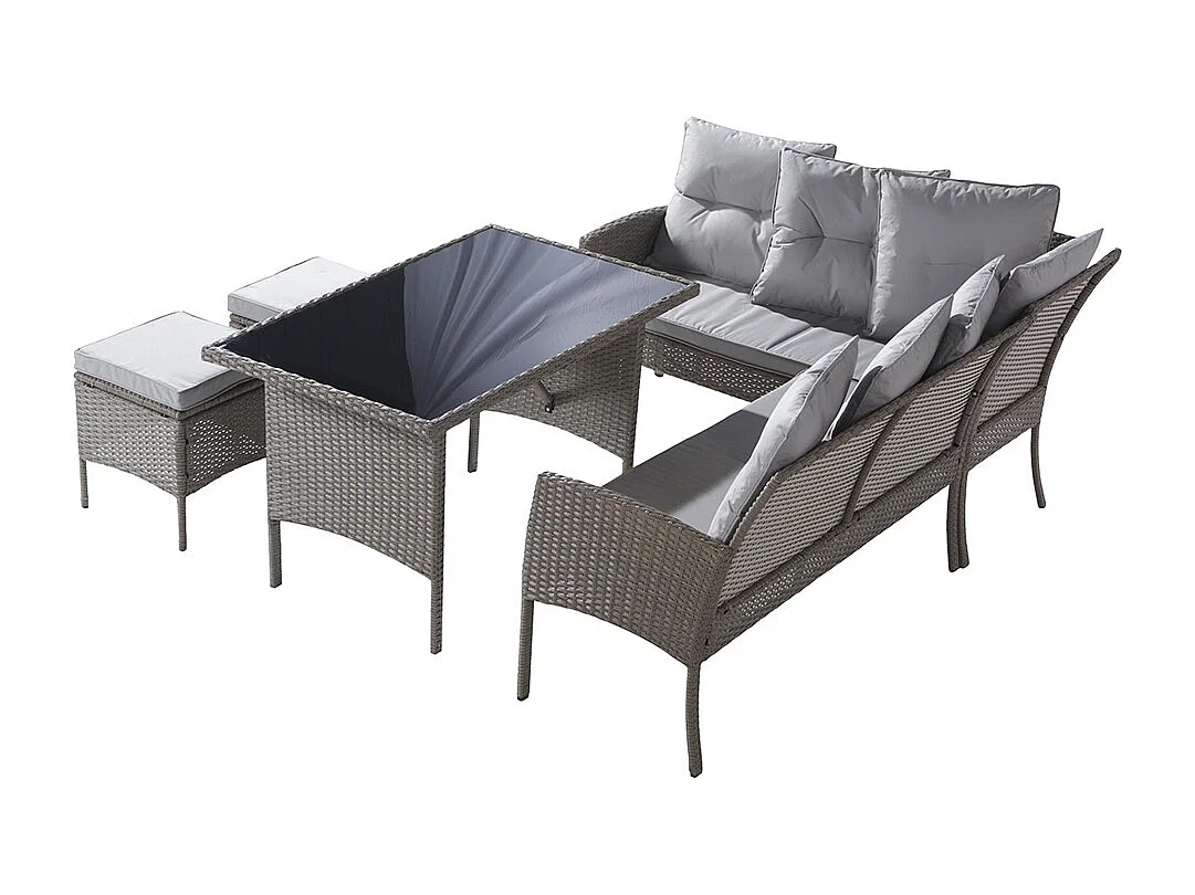 Salon de jardin en résine tressée pour 7 personnes avec canapé table tabouret et coussins housse en tissu amovible et lavable kaki