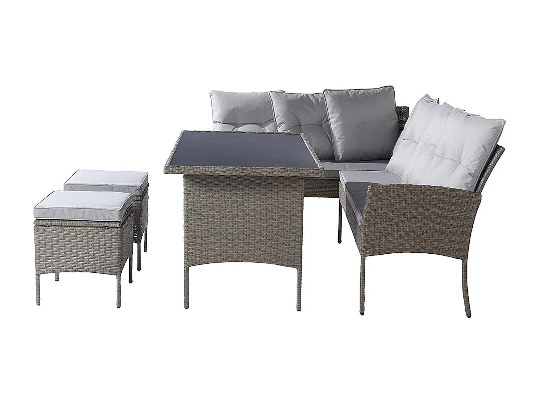 Salon de jardin en résine tressée pour 7 personnes avec canapé table tabouret et coussins housse en tissu amovible et lavable kaki