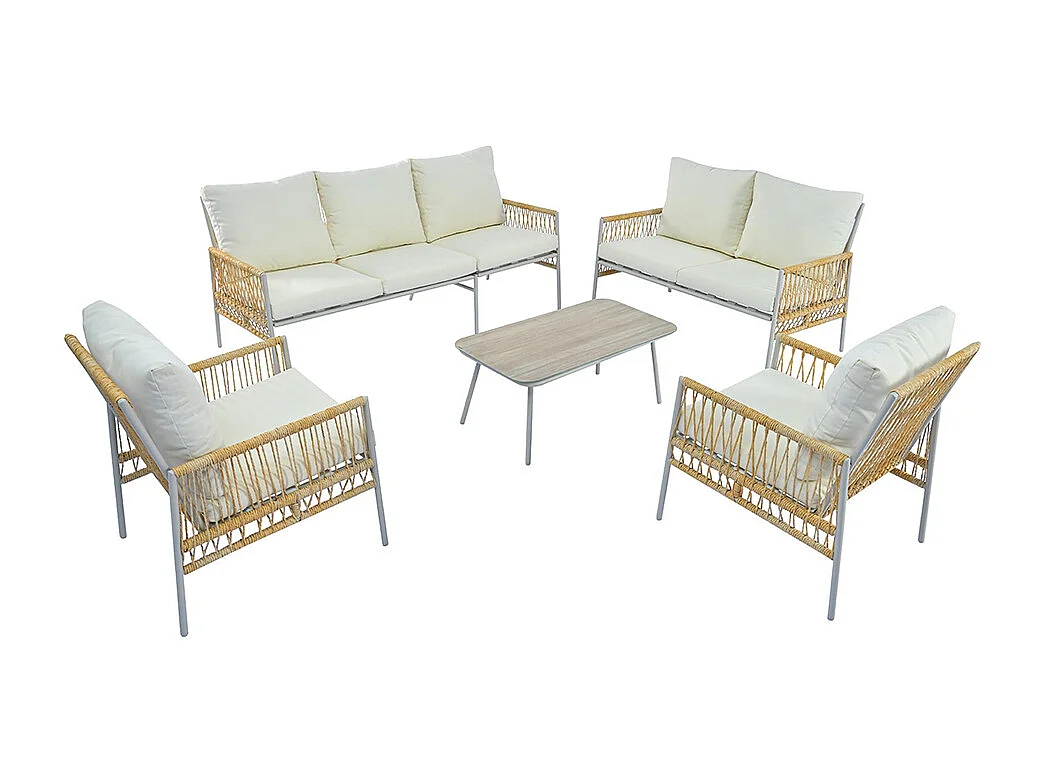 Salon de jardin 7 places en rotin synthétique avec 7 sièges 1 table basse en verre trempé effet coussins beige amovibles lavables structure acier galvanisé