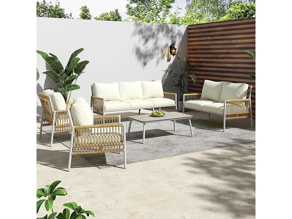 Salon de jardin 7 places en rotin synthétique avec 7 sièges 1 table basse en verre trempé effet coussins beige amovibles lavables structure acier galvanisé
