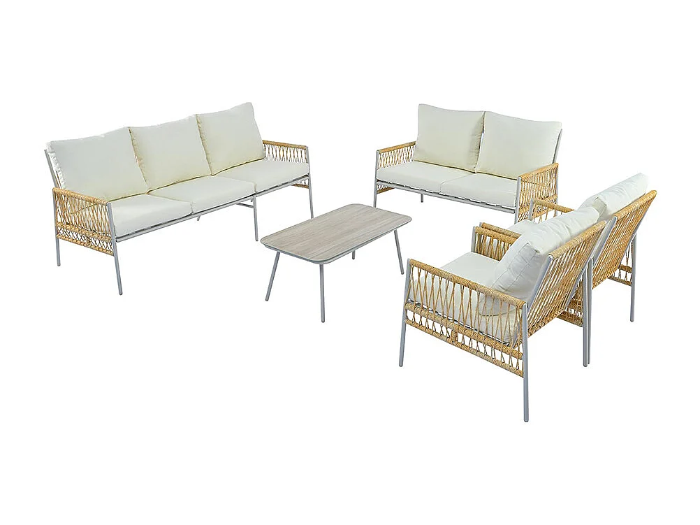 Salon de jardin 7 places en rotin synthétique avec 7 sièges 1 table basse en verre trempé effet coussins beige amovibles lavables structure acier galvanisé