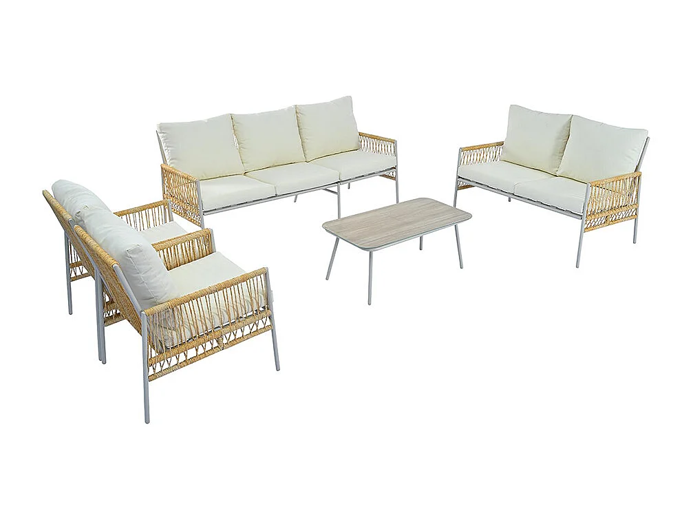 Salon de jardin 7 places en rotin synthétique avec 7 sièges 1 table basse en verre trempé effet coussins beige amovibles lavables structure acier galvanisé