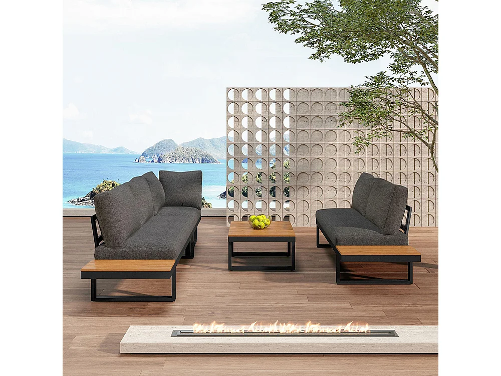 Salon de jardin avec fonction de chaise longue inclinable plateau en plastique avec veinure de teck avec table basse gris + noir tube d'acier galvanisé