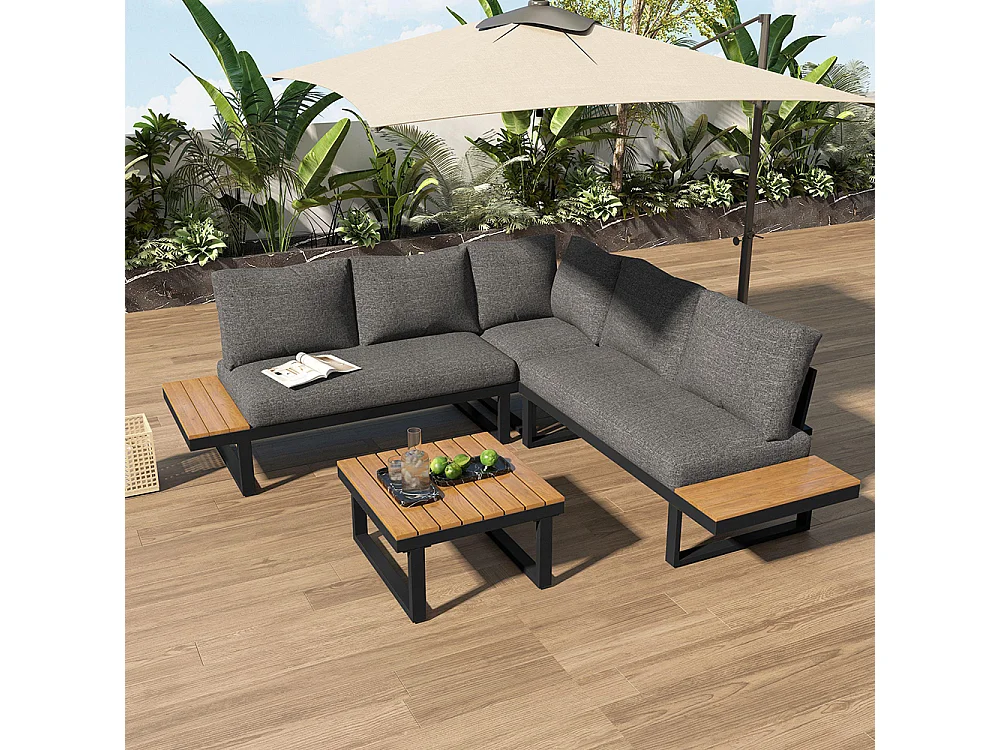 Salon de jardin avec fonction de chaise longue inclinable plateau en plastique avec veinure de teck avec table basse gris + noir tube d'acier galvanisé