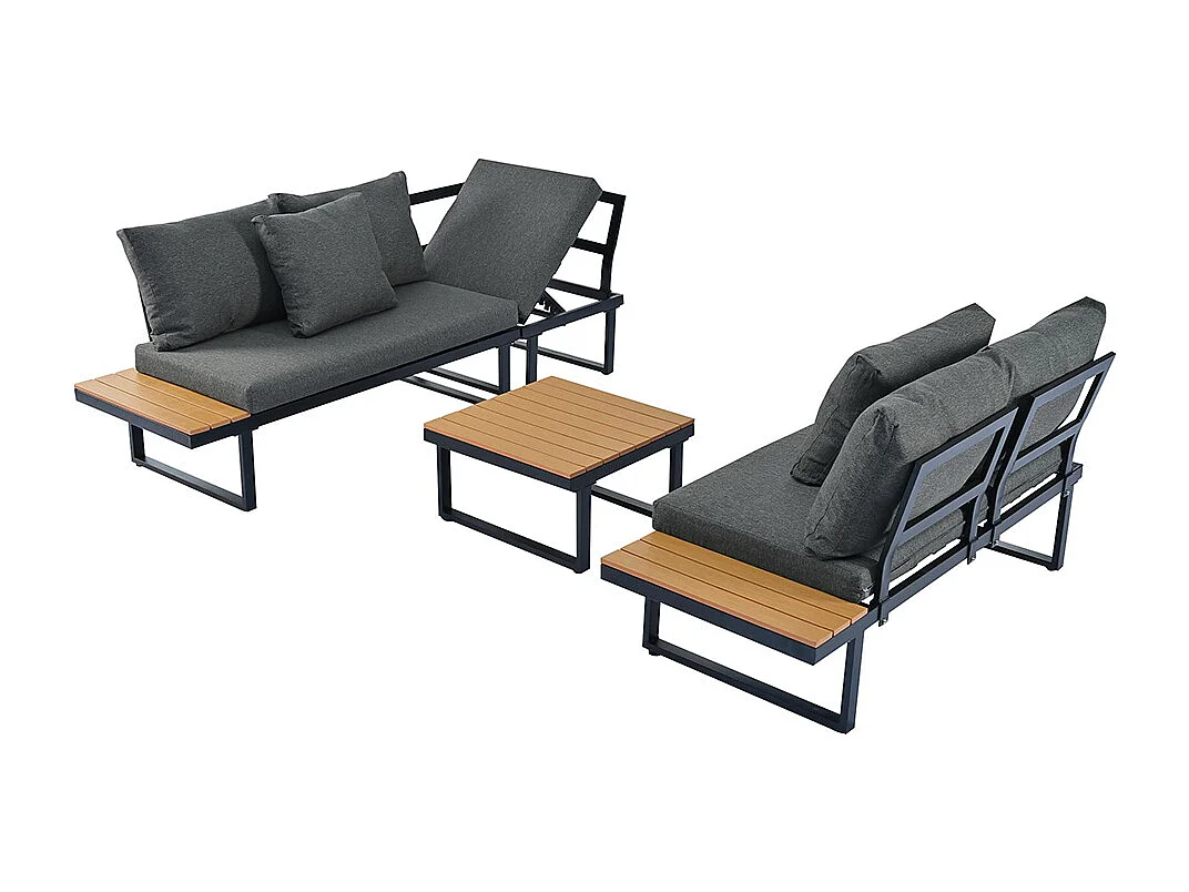 Salon de jardin avec fonction de chaise longue inclinable plateau en plastique avec veinure de teck avec table basse gris + noir tube d'acier galvanisé