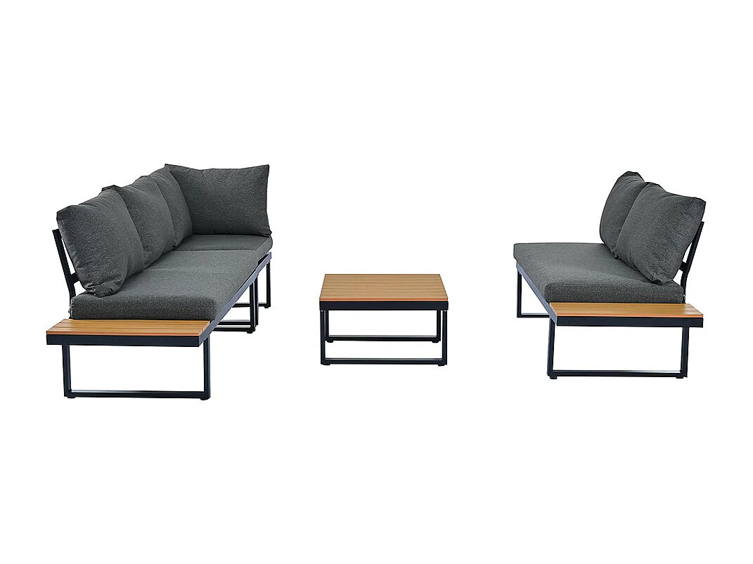 Salon de jardin avec fonction de chaise longue inclinable plateau en plastique avec veinure de teck avec table basse gris + noir tube d'acier galvanisé