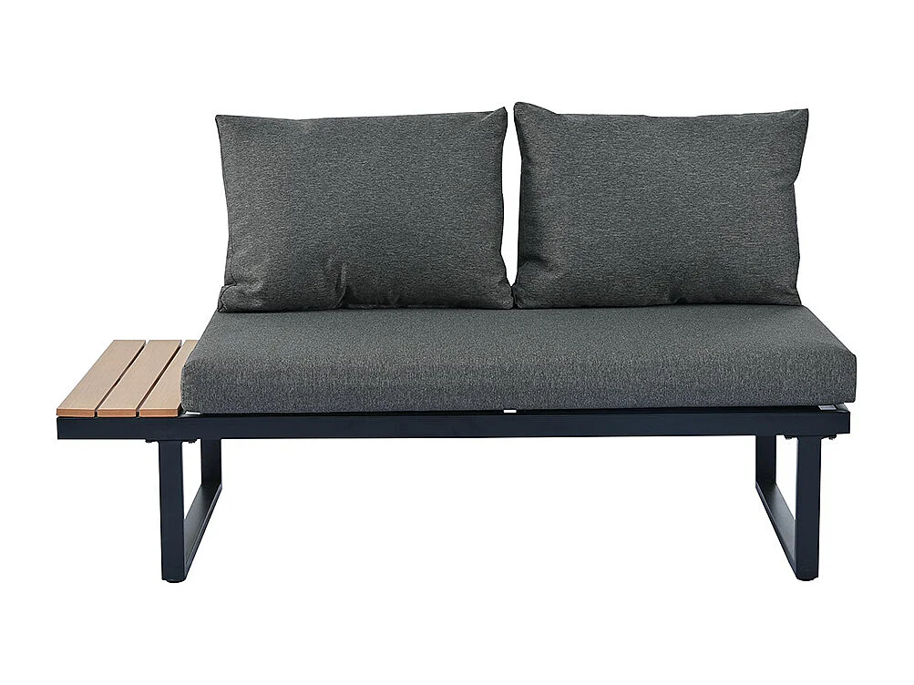 Salon de jardin avec fonction de chaise longue inclinable plateau en plastique avec veinure de teck avec table basse gris + noir tube d'acier galvanisé