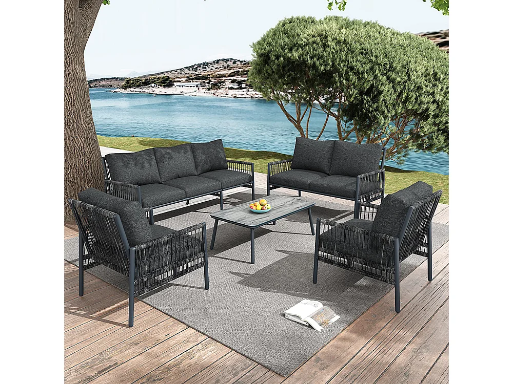 Salon de jardin 7 places en rotin synthétique avec 7 sièges 1 table basse en verre trempé effet coussins gris amovibles lavables structure acier galvanisé