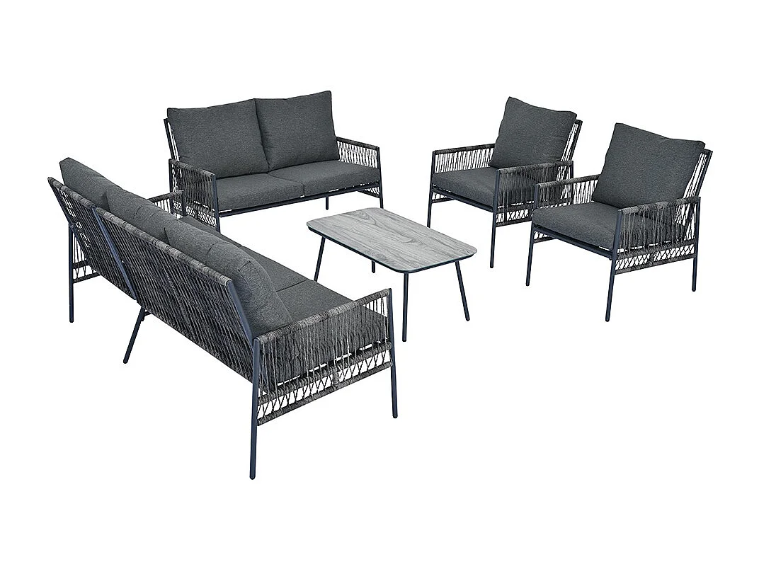 Salon de jardin 7 places en rotin synthétique avec 7 sièges 1 table basse en verre trempé effet coussins gris amovibles lavables structure acier galvanisé