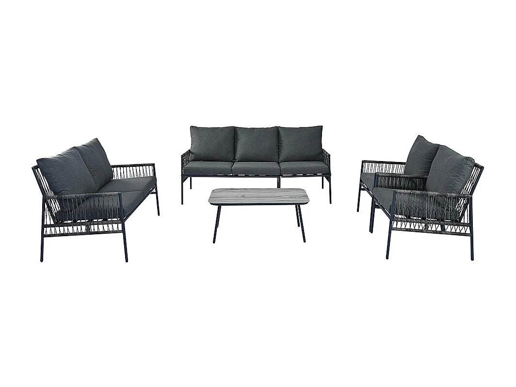 Salon de jardin 7 places en rotin synthétique avec 7 sièges 1 table basse en verre trempé effet coussins gris amovibles lavables structure acier galvanisé