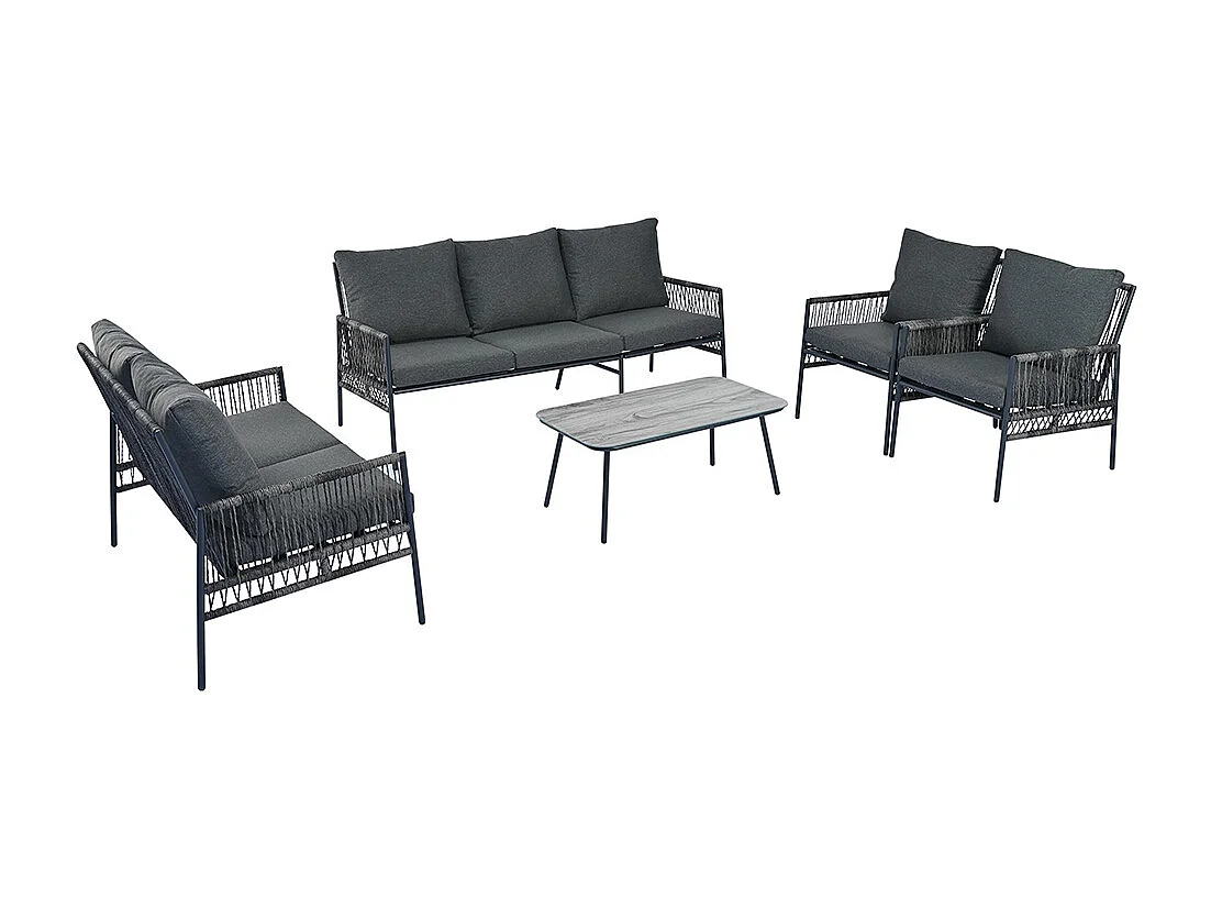 Salon de jardin 7 places en rotin synthétique avec 7 sièges 1 table basse en verre trempé effet coussins gris amovibles lavables structure acier galvanisé