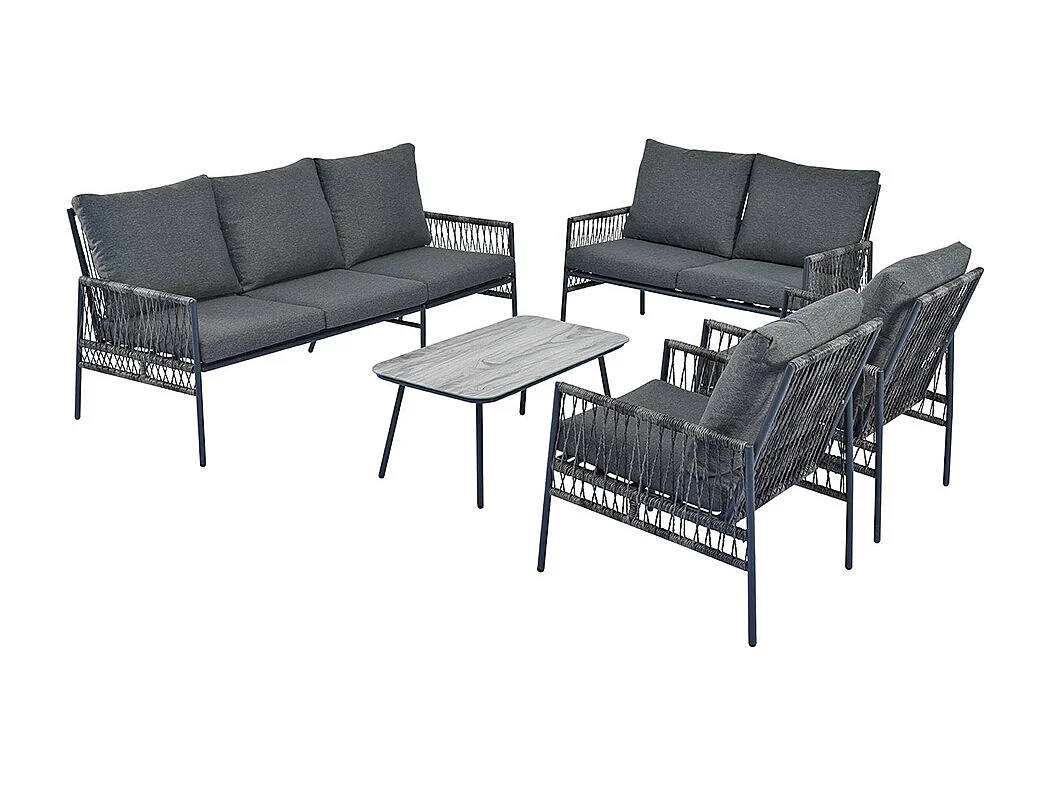 Salon de jardin 7 places en rotin synthétique avec 7 sièges 1 table basse en verre trempé effet coussins gris amovibles lavables structure acier galvanisé