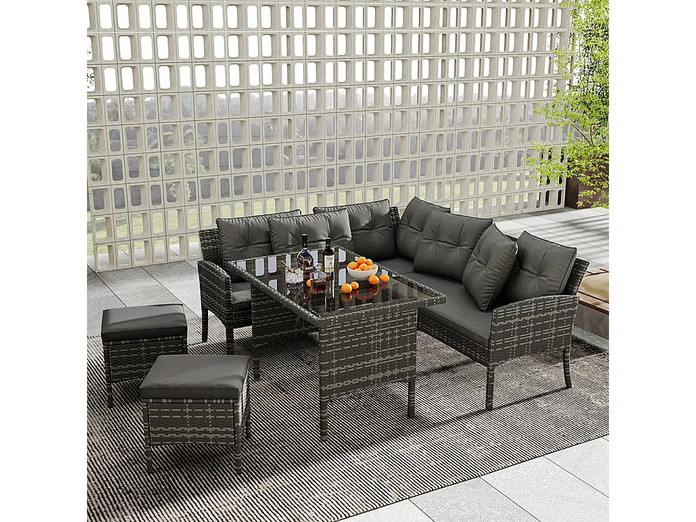 Salon de jardin en résine tressée pour 7 personnes avec canapé table tabouret et coussins housse en tissu amovible et lavable gris