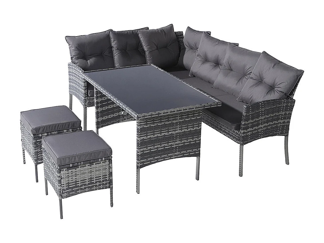 Salon de jardin en résine tressée pour 7 personnes avec canapé table tabouret et coussins housse en tissu amovible et lavable gris