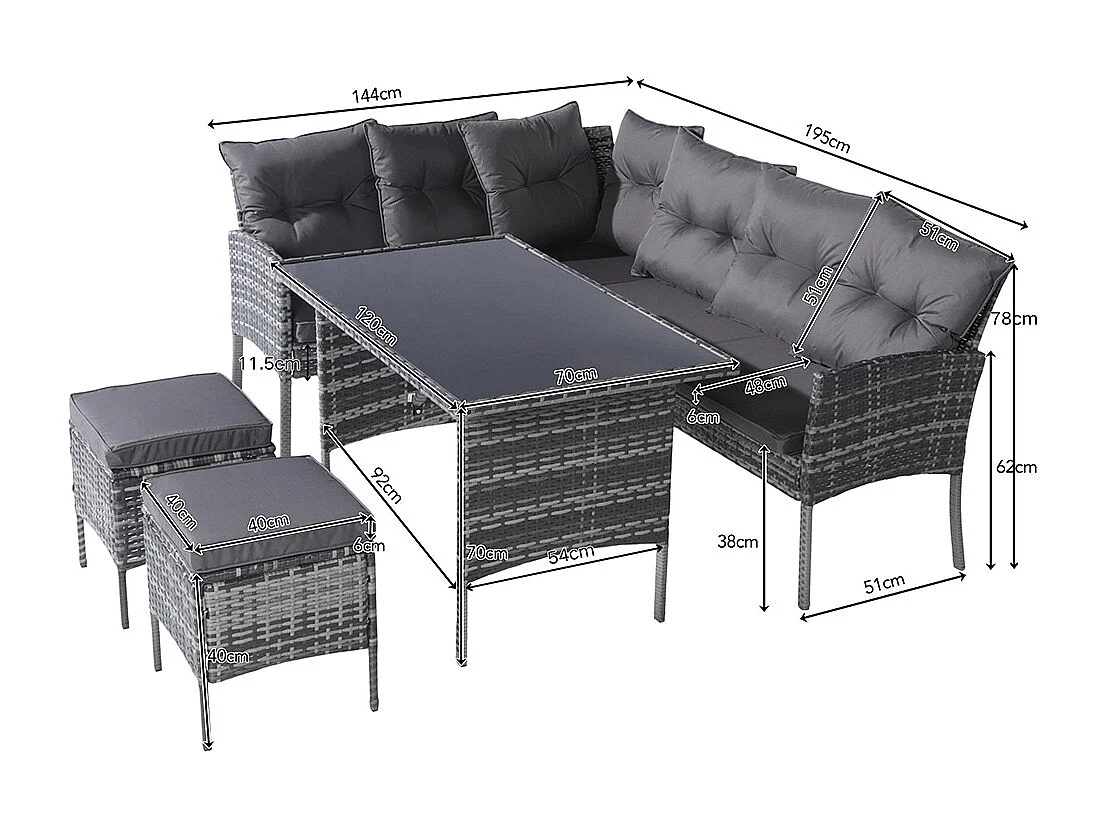 Salon de jardin en résine tressée pour 7 personnes avec canapé table tabouret et coussins housse en tissu amovible et lavable gris