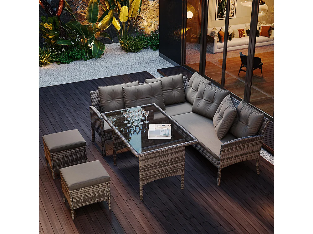 Salon de jardin en résine tressée pour 7 personnes avec canapé table tabouret et coussins housse en tissu amovible et lavable gris