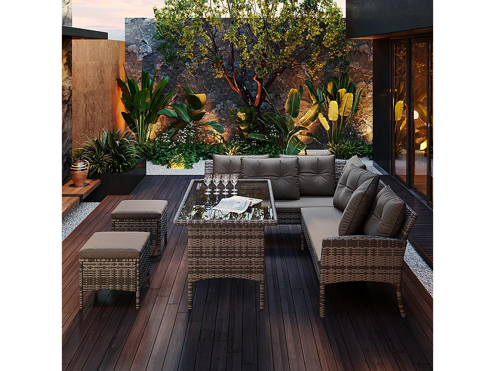Salon de jardin en résine tressée pour 7 personnes avec canapé table tabouret et coussins housse en tissu amovible et lavable gris