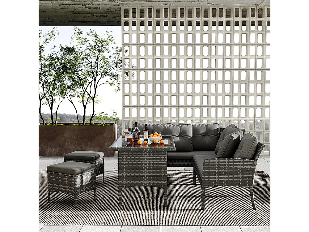 Salon de jardin en résine tressée pour 7 personnes avec canapé table tabouret et coussins housse en tissu amovible et lavable gris