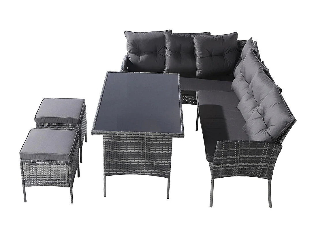 Salon de jardin en résine tressée pour 7 personnes avec canapé table tabouret et coussins housse en tissu amovible et lavable gris