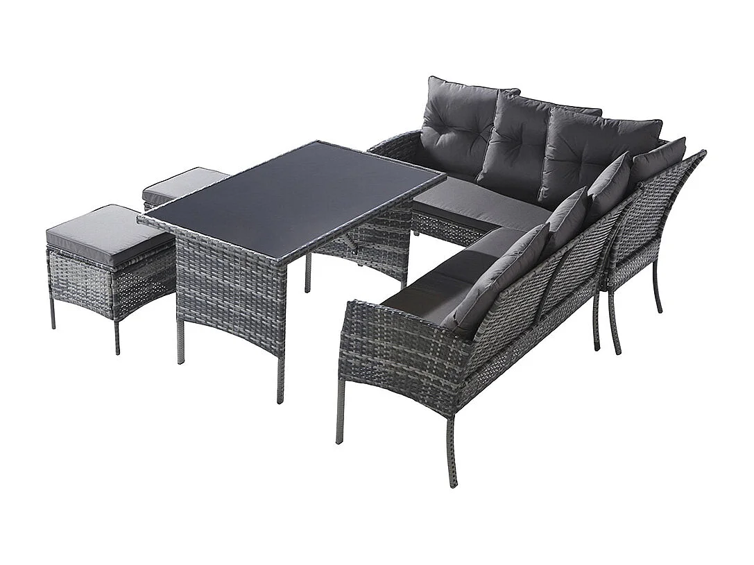 Salon de jardin en résine tressée pour 7 personnes avec canapé table tabouret et coussins housse en tissu amovible et lavable gris