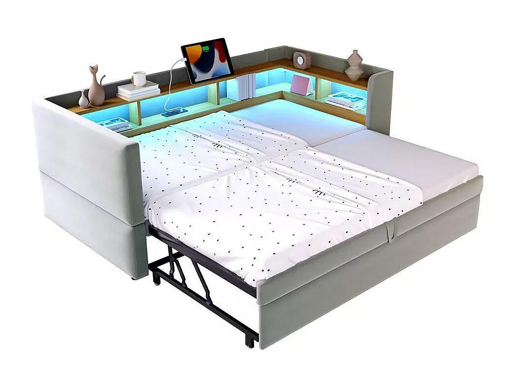 Lit gigogne extensible 90/180×190 équipé de lampes LED de prises de courant et de nombreux compartiments de rangement lit rembourré gris clair