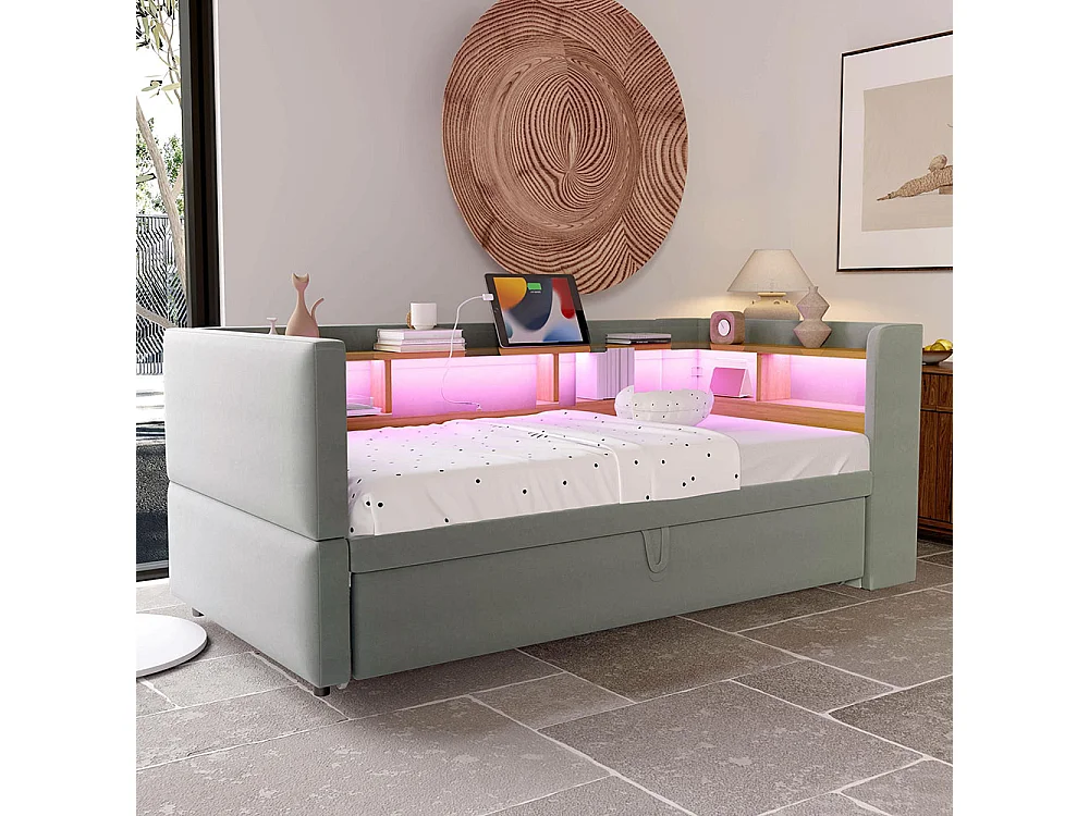 Lit gigogne extensible 90/180×190 équipé de lampes LED de prises de courant et de nombreux compartiments de rangement lit rembourré gris clair