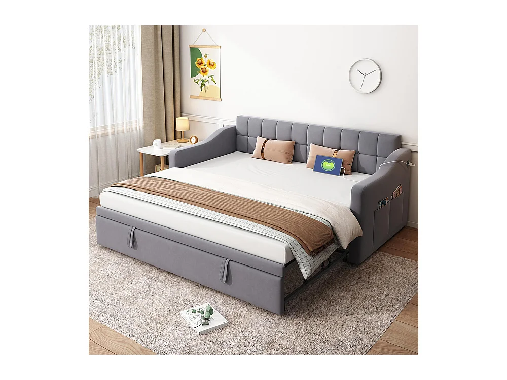 Lit gigogne 90×190 lit rembourré 2 en 1 Canapé-lit multifonction en velours avec prise de courant et sac de rangement gris