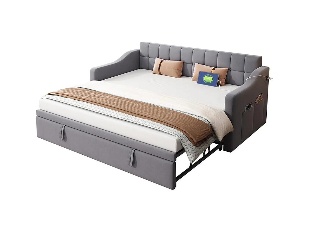 Lit gigogne 90×190 lit rembourré 2 en 1 Canapé-lit multifonction en velours avec prise de courant et sac de rangement gris