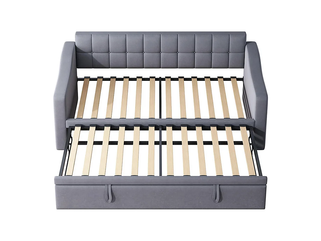 Lit gigogne 90×190 lit rembourré 2 en 1 Canapé-lit multifonction en velours avec prise de courant et sac de rangement gris