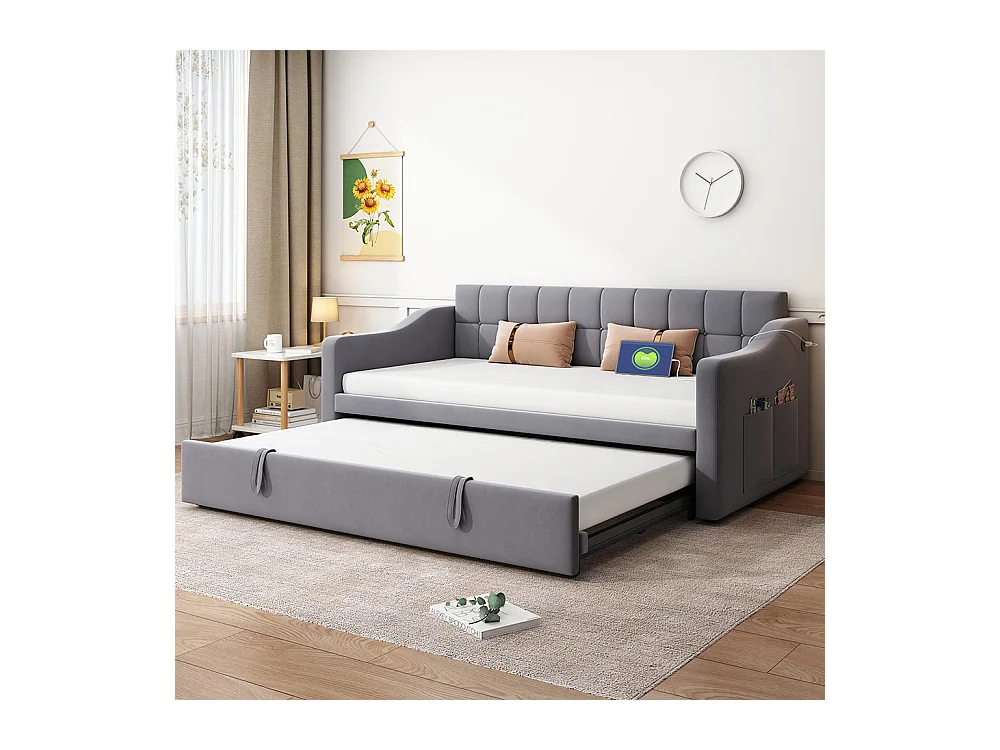 Lit gigogne 90×190 lit rembourré 2 en 1 Canapé-lit multifonction en velours avec prise de courant et sac de rangement gris