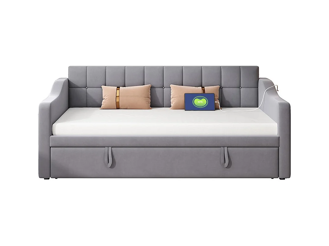 Lit gigogne 90×190 lit rembourré 2 en 1 Canapé-lit multifonction en velours avec prise de courant et sac de rangement gris