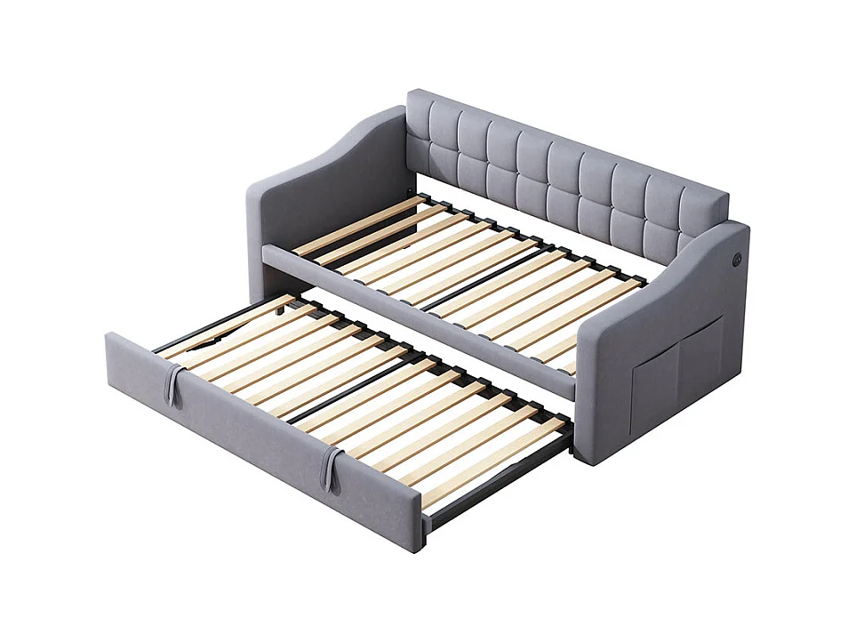 Lit gigogne 90×190 lit rembourré 2 en 1 Canapé-lit multifonction en velours avec prise de courant et sac de rangement gris