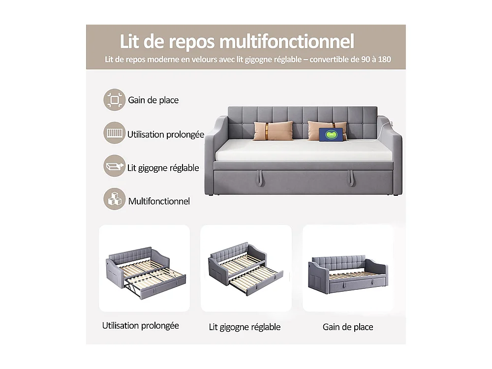 Lit gigogne 90×190 lit rembourré 2 en 1 Canapé-lit multifonction en velours avec prise de courant et sac de rangement gris