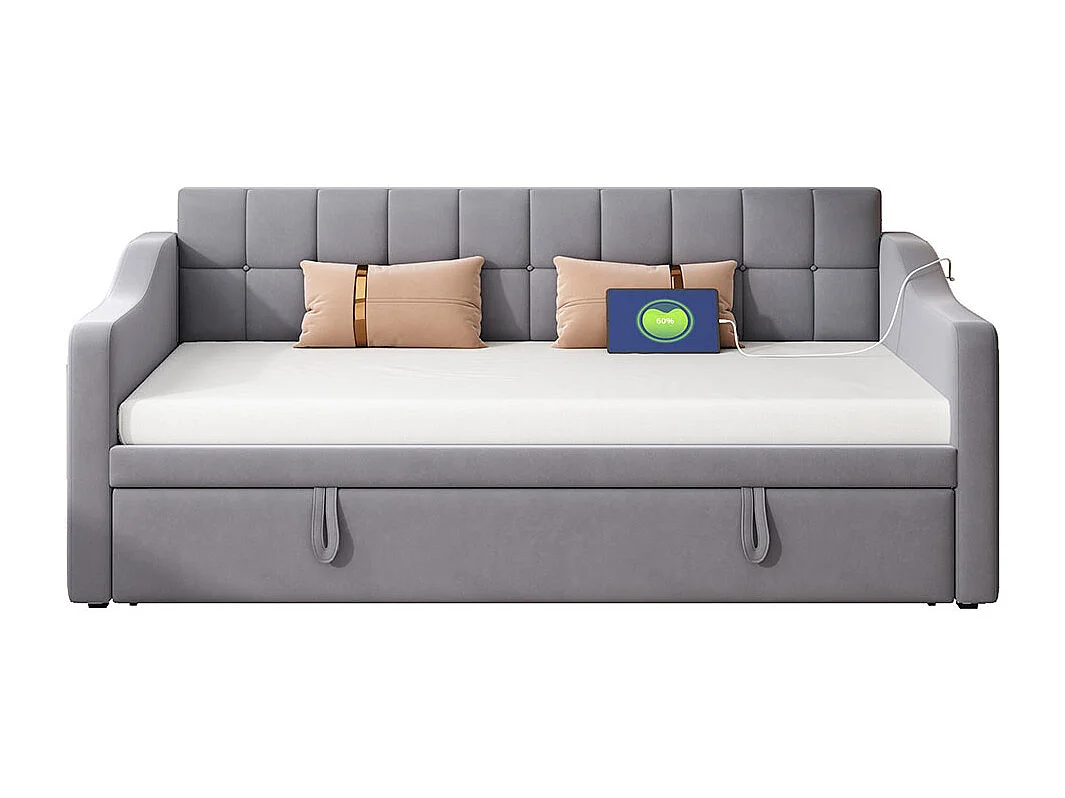 Lit gigogne 90×190 lit rembourré 2 en 1 Canapé-lit multifonction en velours avec prise de courant et sac de rangement gris