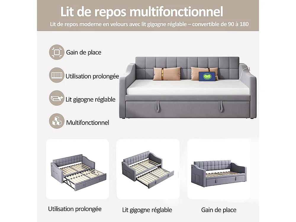 Lit gigogne 90×190 lit rembourré 2 en 1 Canapé-lit multifonction en velours avec prise de courant et sac de rangement gris