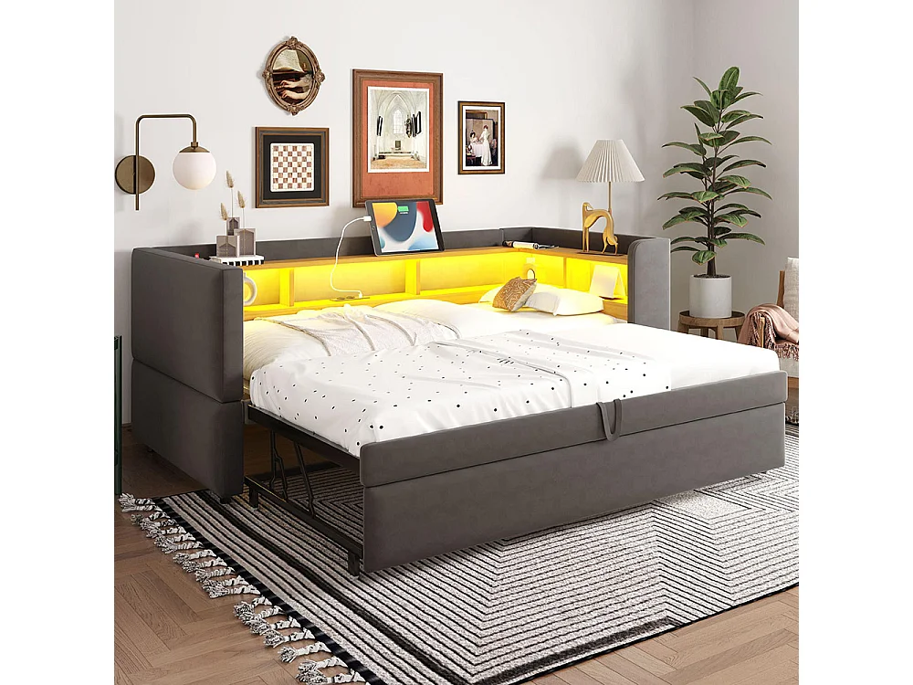 Lit gigogne extensible 90/180×190 équipé de lampes LED de prises de courant et de nombreux compartiments de rangement lit rembourré gris foncé