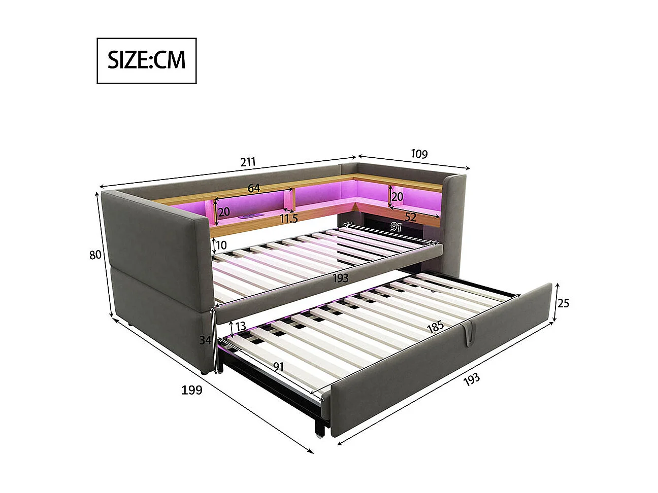 Lit gigogne extensible 90/180×190 équipé de lampes LED de prises de courant et de nombreux compartiments de rangement lit rembourré gris foncé